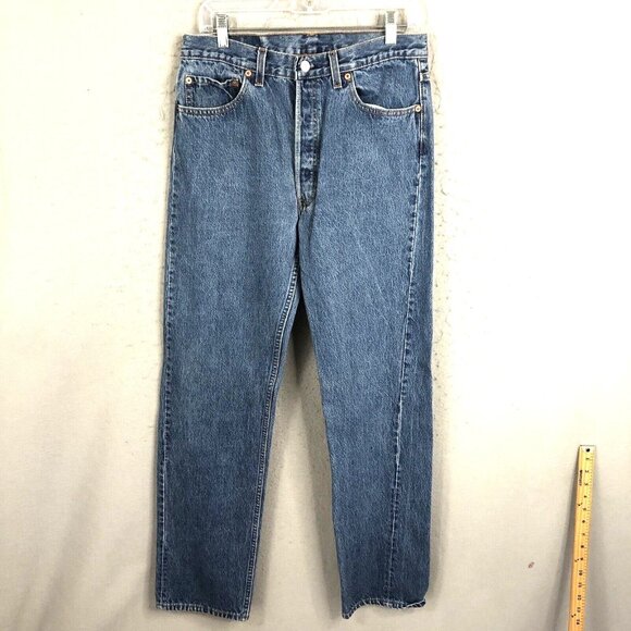 Levis 501 Jeans Mens 33x34 Blue Button Fly Straight Leg USA Made Red Batwing - Picture 1 of 16